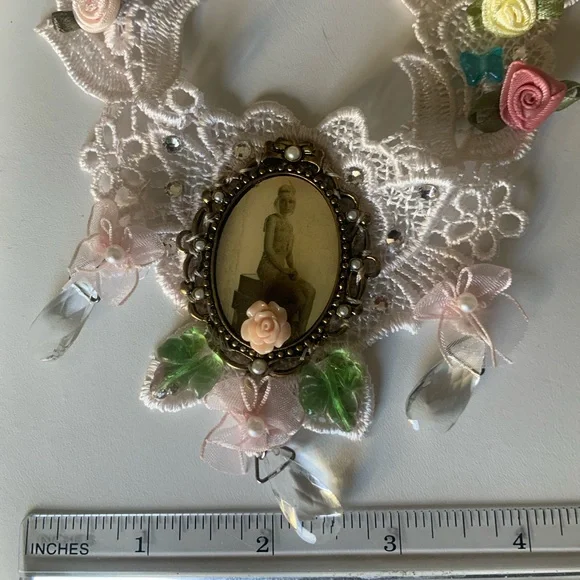 Bib Necklace flapper image glass hand sewn glass beads satin ribbon flowers - Picture 13 of 17